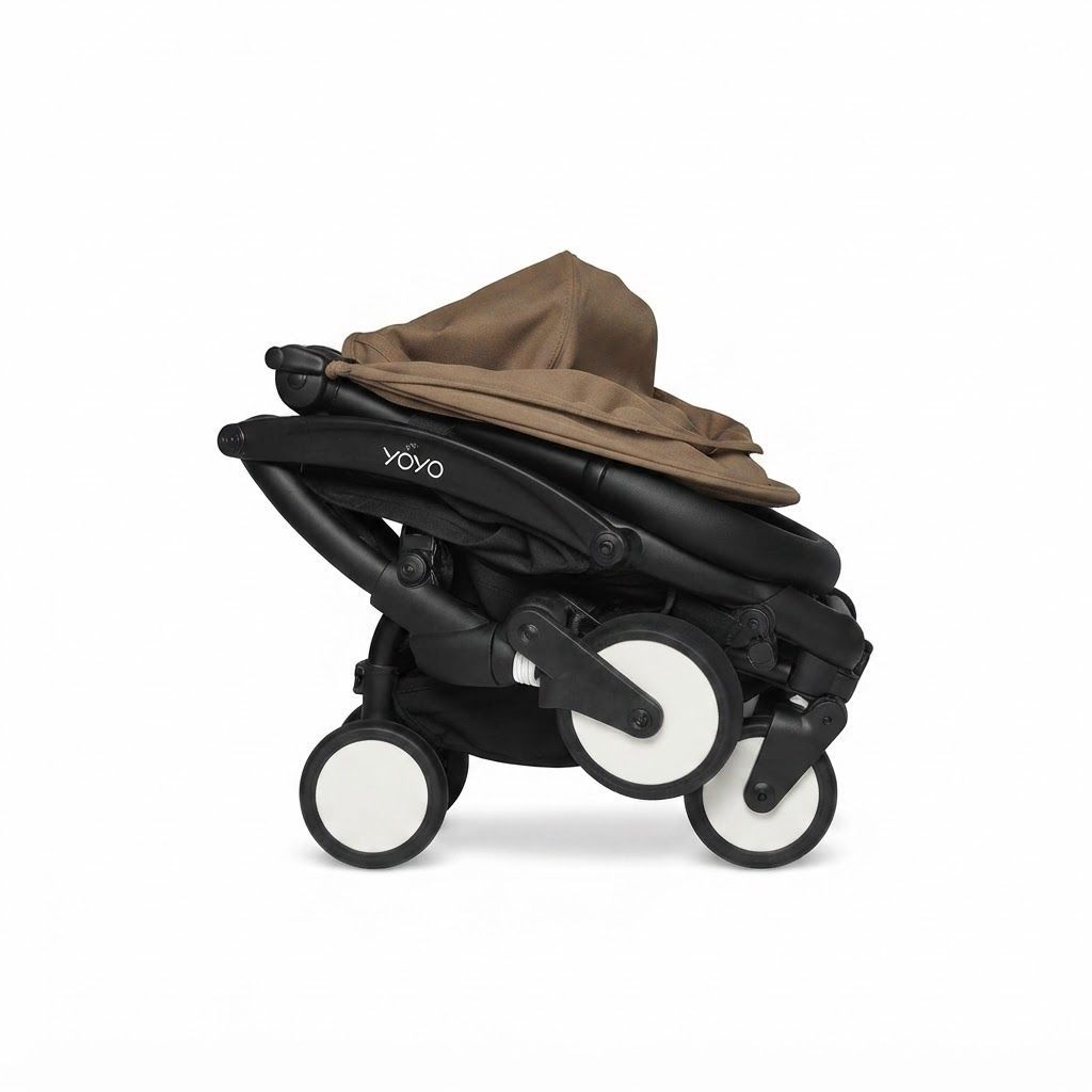 Stokke YOYO3 Newborn Baby Stroller - Black Frame with Taupe 0+ Newborn Pack, Lie-Flat Mattress, Extendable Canopy, Designed for Comfort and Convenience from Day One