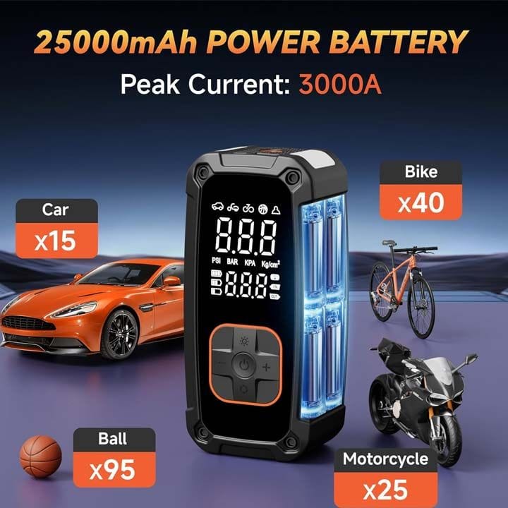 لامفورات منفاخ إطارات وضاغط هواء محمول مع مشغل تشغيل - 150PSI و25000mAh - أسود | LTI-150J