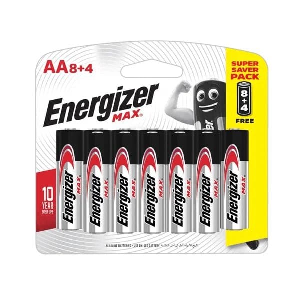 Energizer Max Alkaline AA Batteries, Bonus Pack of 12 (8+4 Free), Long-Lasting Power, Leak Protection, 10-Year Shelf Life