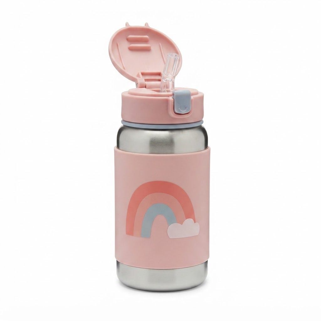 Skip Hop Rainbow Spark Style Stainless Steel Kids Straw Bottle 12+ Months 350ml, Comfortable No Slip Silicone Grip, Flexible Straw Flips - Multicolour