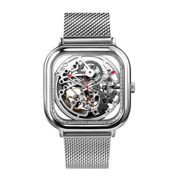 Ciga Design Full Hollow Automatic Silver Watch, Seagull Automatic Movement, 316 Stainless Steel Case, Silver Woven Steel Strap, 3ATM Water Resistant