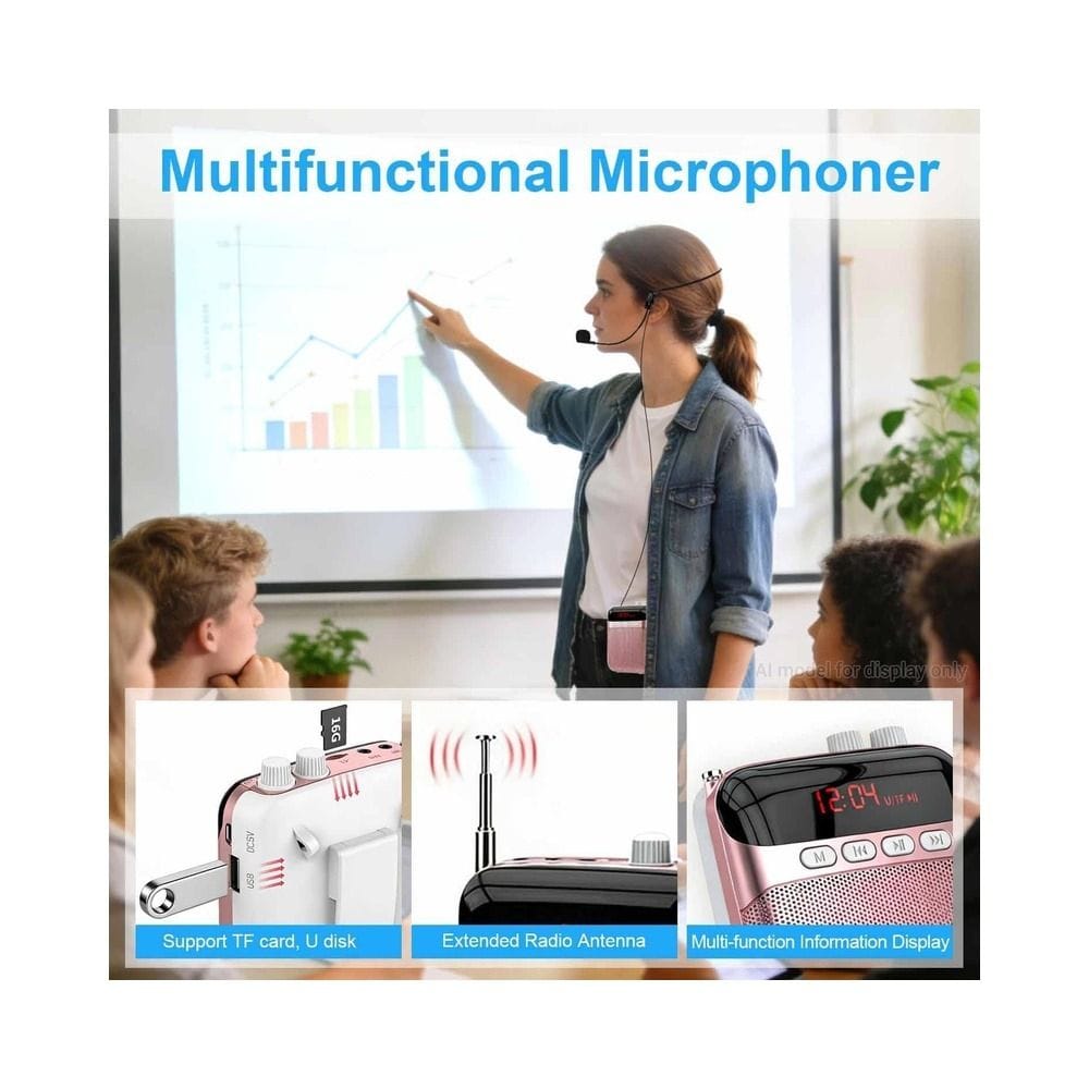 Portable Voice Amplifier with Bluetooth Rechargeable 2400mAh Waistband Megaphone Speaker & Wired Headset Mic, 10W Output, Up to 20H Playtime