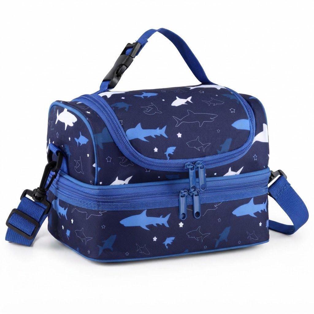 VASCHY Insulated Lunch Box for Kids - Shark Ocean Double Compartment Cooler Bag with Strap