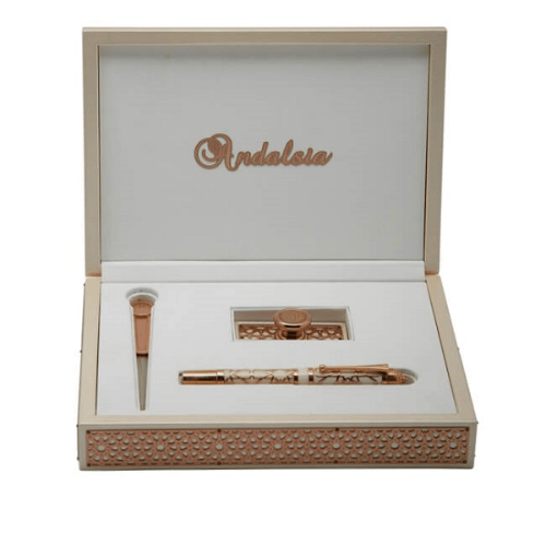 His Highness Andalusia Ivory Luxury Pen, Premium Writing Instrument with Envelope Opener, Hand Stamped Design, Silver Motif Detailing