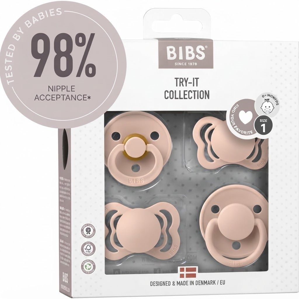 BIBS Try-It Collection Pacifier Size 1 0+ Months, Natural Rubber Latex Or Silicone Nipple, BPA-Free, Flexible And Durable Design - Blush