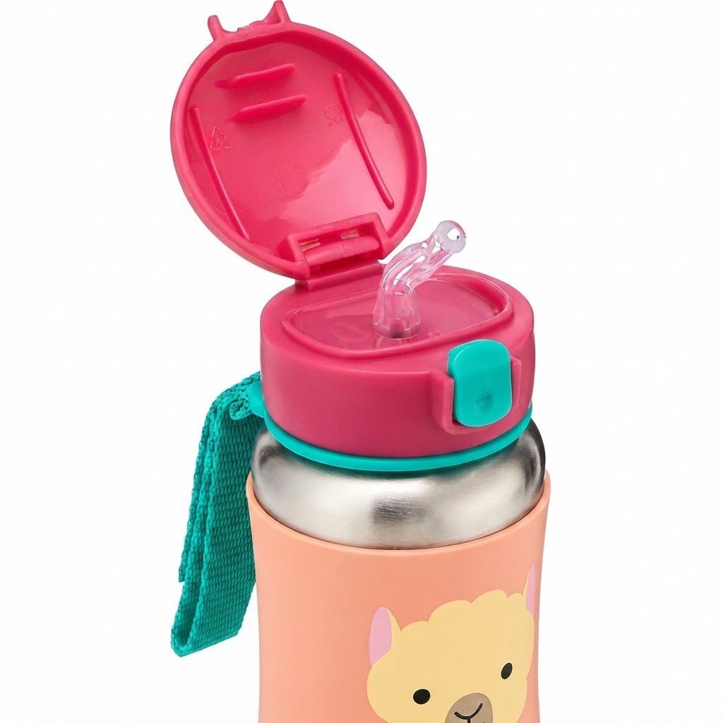Skip Hop Zoo Llama Stainless Steel Straw Bottle 12+ Months 350ml, No-slip Silicone Sleeve, Flexible Straw Flips Down To Stay Clean - Multicolour