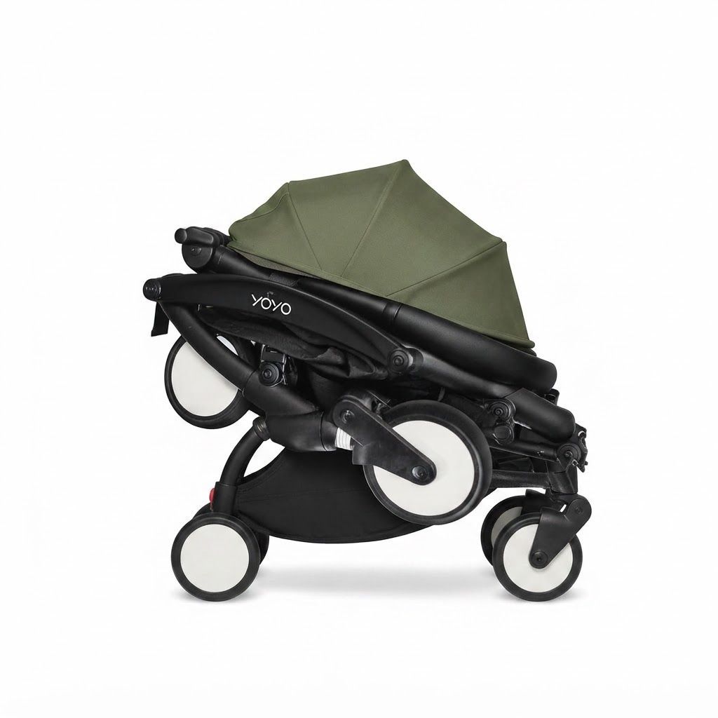 Stokke YOYO3 Newborn Stroller Pack & White Frame, Olive - Travel-Friendly Compact Pram for Infants, Premium System that Lets Your Newborn Lie Flat in a Secure, Cozy Nest
