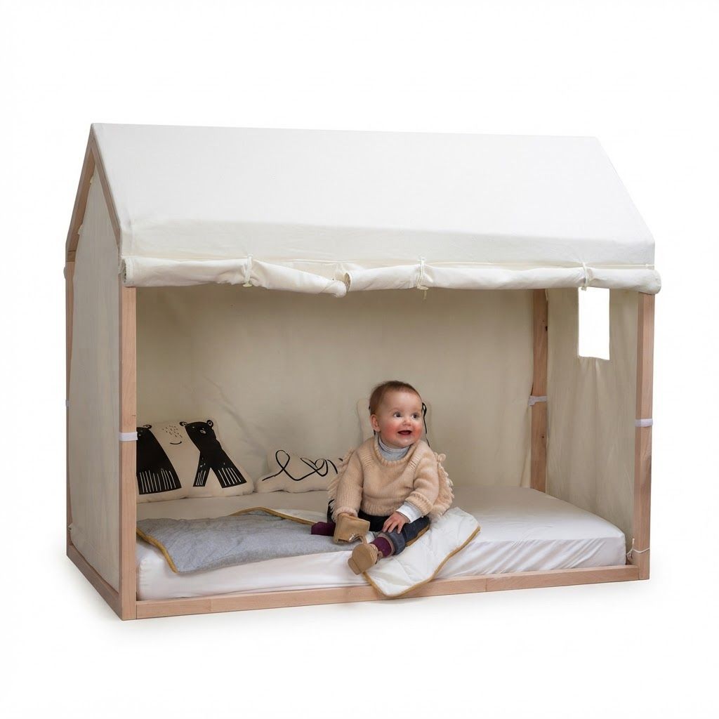 Childhome Bed Frame House Cover 90x200cm, Handy Windows, Roll-Up Sides, Very Easy To Attach - White