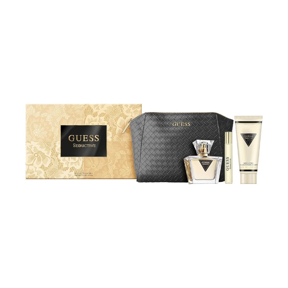 Guess Seductive 4Pc Women Gift Set – 75ML EDT, 15ML Travel Spray, 100ML Body Lotion & Pouch Fruity Floral Fragrance | 85715330239