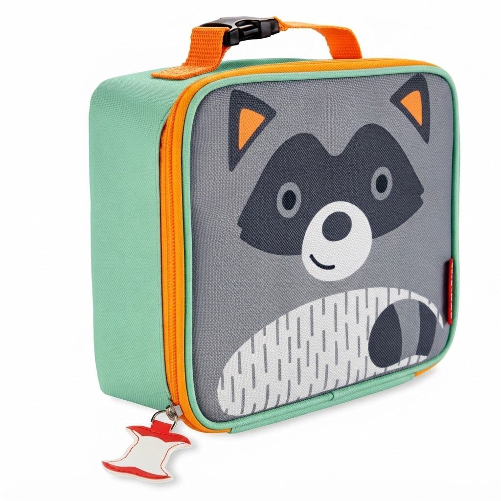 Skip Hop Zoo Racoon Lunch Bag 3+ Years, Spacious and Lightweight Lunchbox With Mesh Bottle Pocket, Easy-Carry Handle, Secure Flap Closure - Multicolour