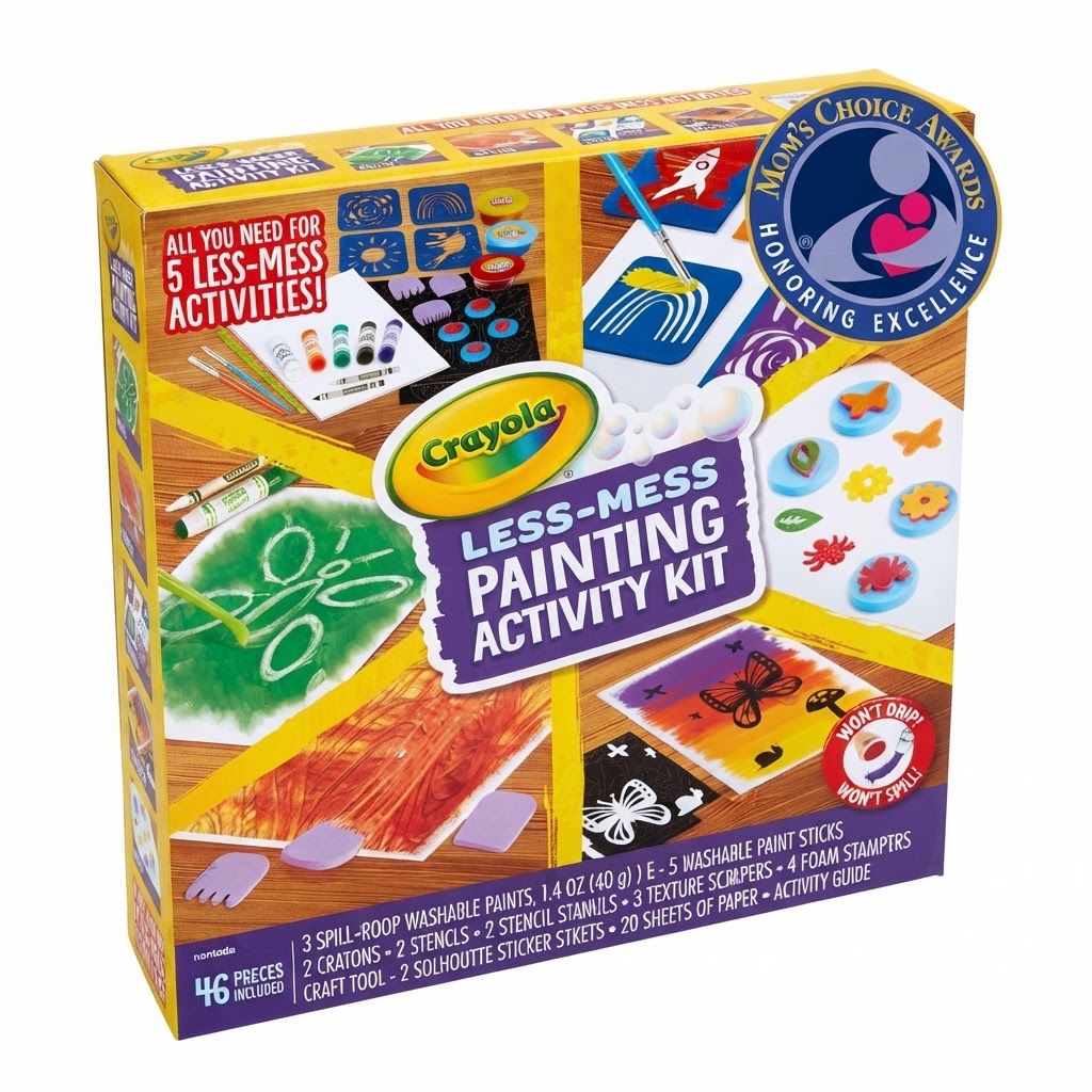 Crayola Less Mess Painting Activity Kit, 46-Piece All-in-One Art Set with Washable Paint Sticks – 4 years and up, 5 Paint Sticks, 3 Spill-Proof Paints, 1 Black Crayon, 1 White Crayon, 2 Brushes, 4