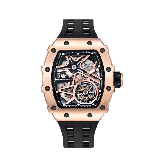 Tsar Bomba TB8209 Skeleton Dial Mechanical Watch, 5 Bar Water Resistant, Sapphire Crystal, Stainless Steel Tonneau Case, Silicone Strap