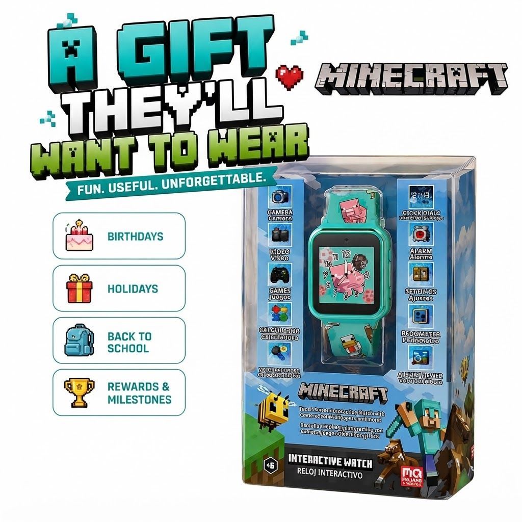 Minecraft Kids Smartwatch – Interactive Touchscreen Watch with Selfie & Video Camera, 6 Games, Step Counter, Voice Recorder, Alarm & Timer