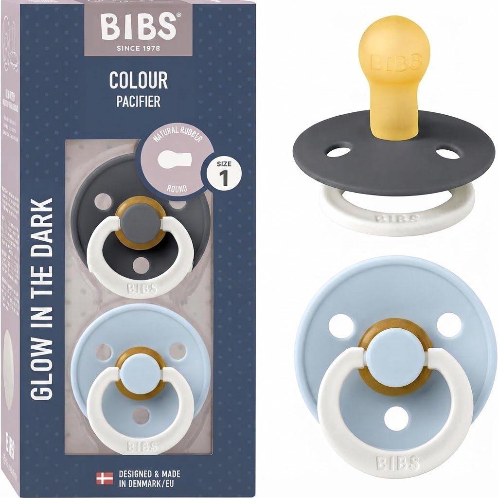 BIBS Latex Round Pacifier 0-6 Months Size 1 2 Pack, Vents For Air Circulation, Round Nipple Shape, Lightweight And Timeless Design - Iron Glow/Baby Blue Glow
