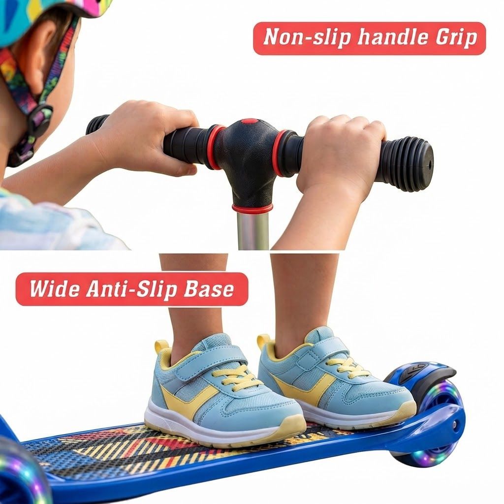 Baybee Flash 3-Wheel Kids Scooter for Boys & Girls Ages 3-8, Foldable Design, Adjustable Height, LED PU Wheels, Dark Blue