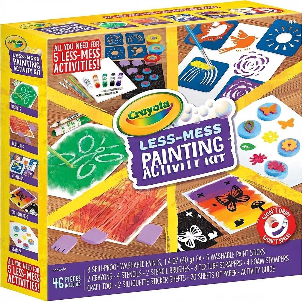 Crayola Less Mess Painting Activity Kit, 46-Piece All-in-One Art Set with Washable Paint Sticks – 4 years and up, 5 Paint Sticks, 3 Spill-Proof Paints, 1 Black Crayon, 1 White Crayon, 2 Brushes, 4