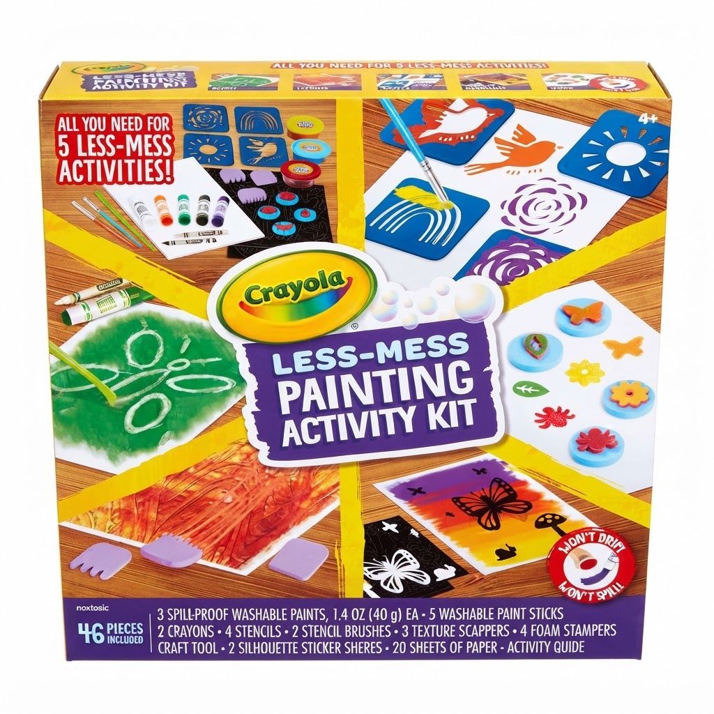 Crayola Less Mess Painting Activity Kit, 46-Piece All-in-One Art Set with Washable Paint Sticks – 4 years and up, 5 Paint Sticks, 3 Spill-Proof Paints, 1 Black Crayon, 1 White Crayon, 2 Brushes, 4