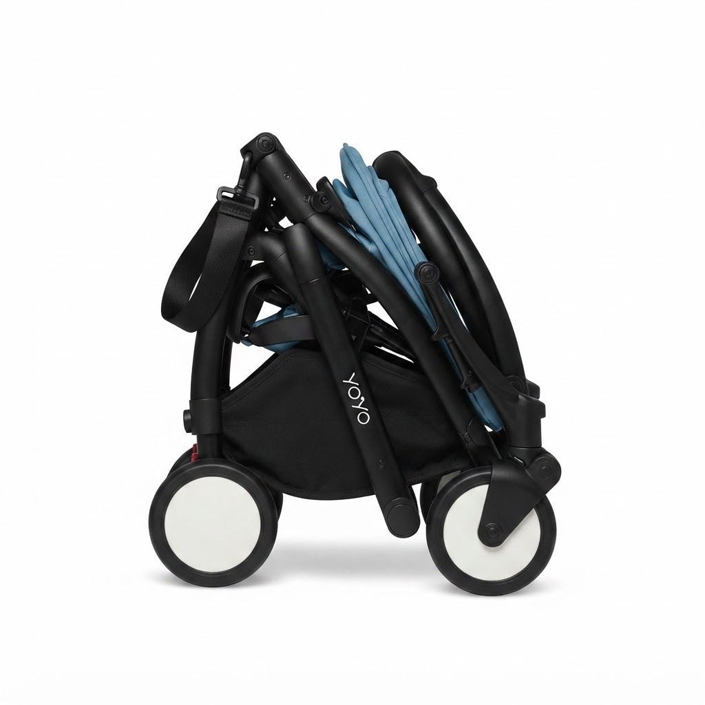 Stokke YOYO3 Newborn Stroller Pack 0+ with White Frame, Mattress & Canopy, Aqua - Ultra-Compact Travel System Allowing Newborns to Lie Completely Flat and Secure