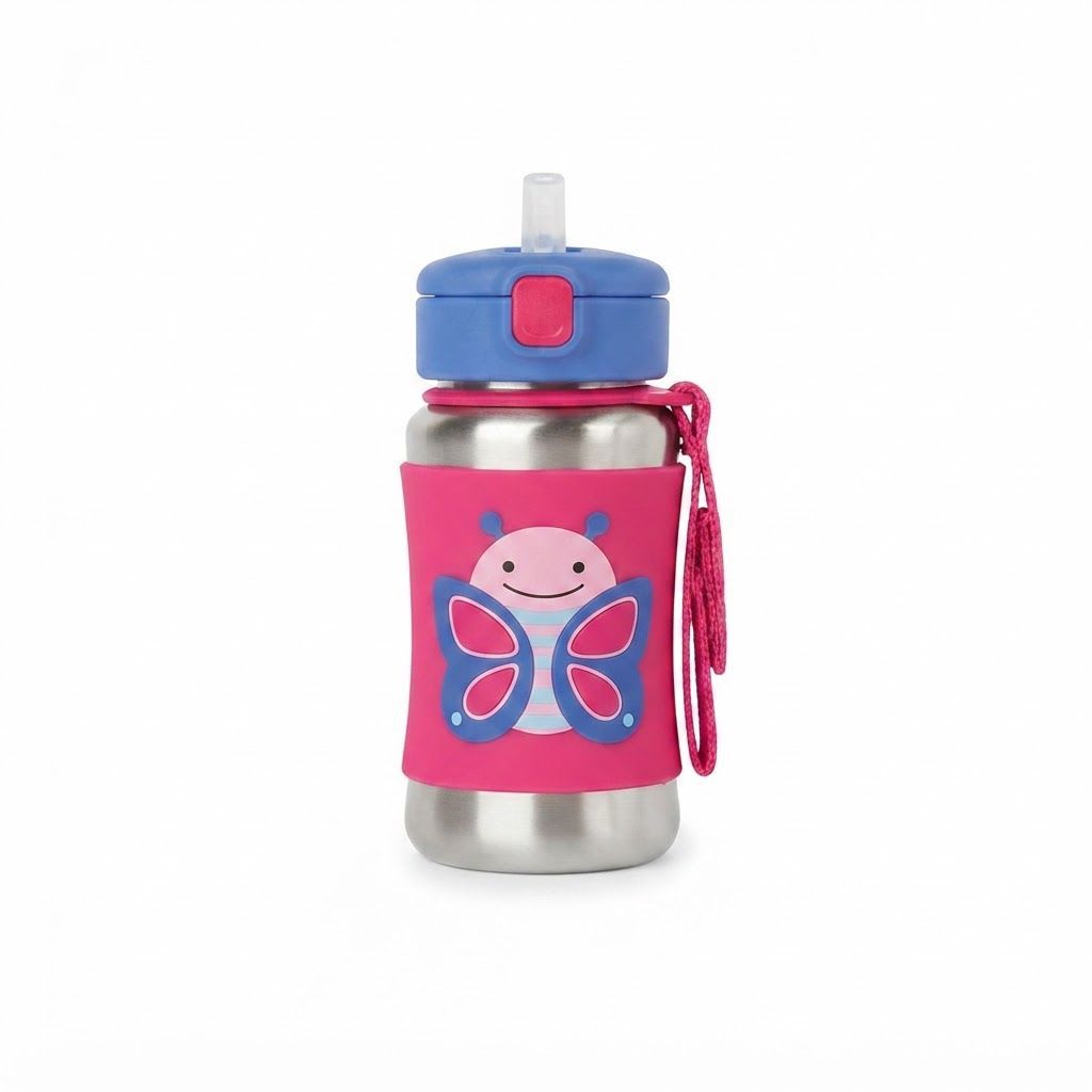 Skip Hop Zoo Pug Stainless Steel Straw Bottle 12+ Months 350ml, No-slip Silicone Sleeve, Flexible Straw Flips Down To Stay Clean - Multicolour