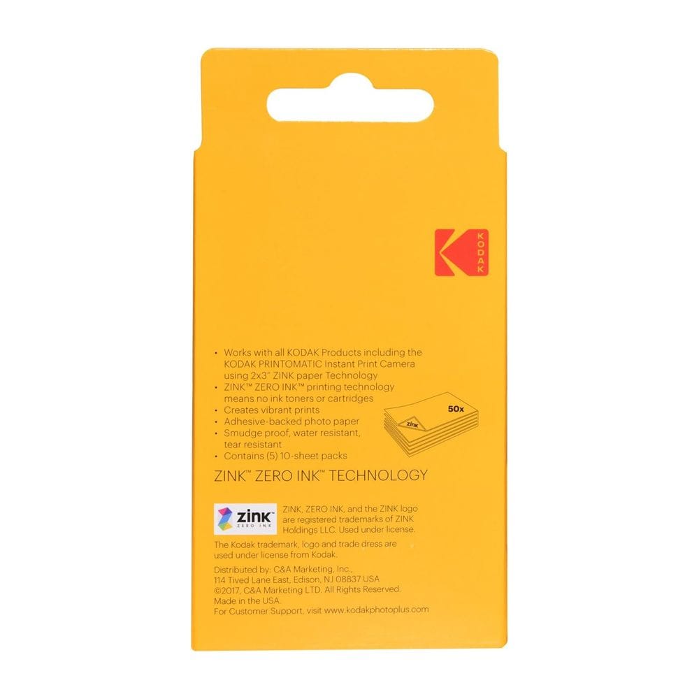 Kodak ZINK Photo Paper 50x76mm, 50 Sheets, Ink-Free Printing Technology, Smudge-Proof Water-Resistant Prints & Peel-and-Stick Backing | White - 840102190335