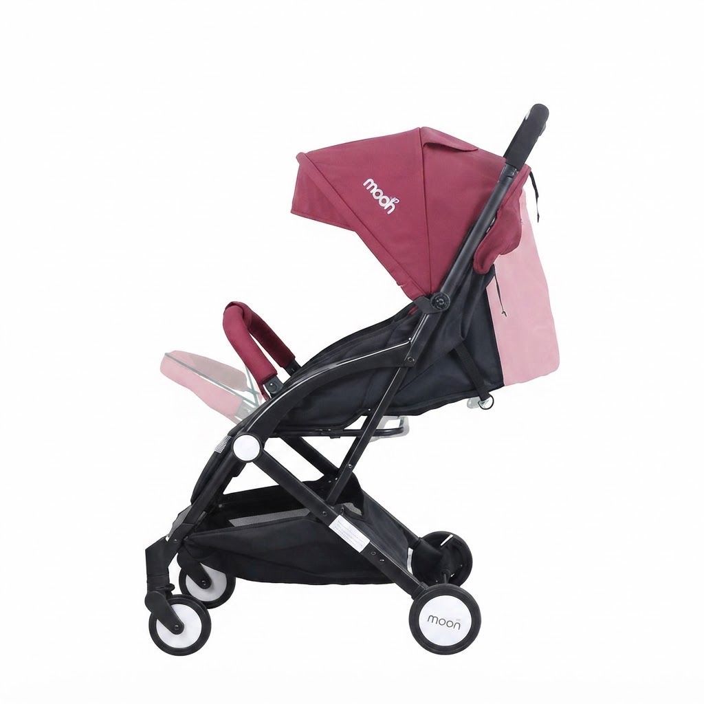 The Moon Brand TravelLite Compact Stroller - Lightweight Foldable Cabin-Friendly Pram for Newborns, 0 - 18 kg, Birth to 3 Years, 5-Point Harness | Dark Red