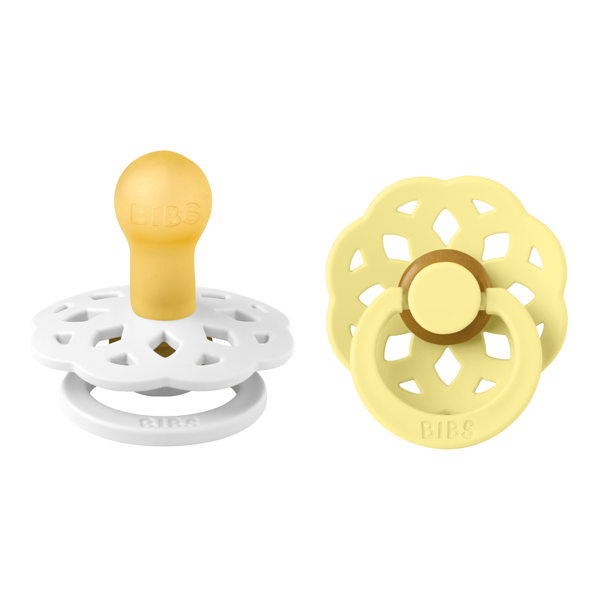 BIBS Boheme Pacifiers Size 1 0+ Months 2 Pack, Natural Rubber Latex Nipple, Seamless Feeding Transition, Gentle Shield Design - White/Sunshine