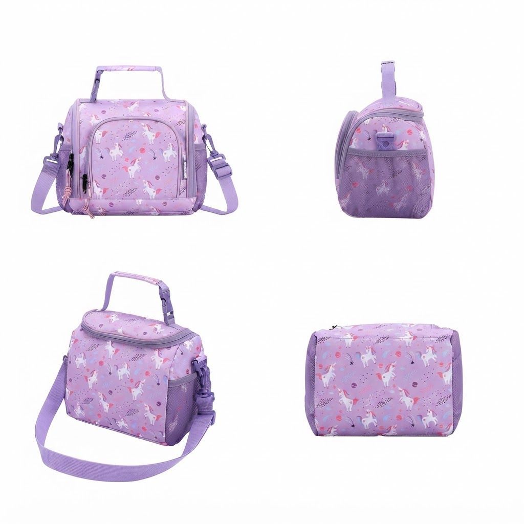 VASCHY Insulated Lunch Bag for Kids - Purple Unicorn Cooler Box for Girls Boys, Spacious Reusable
