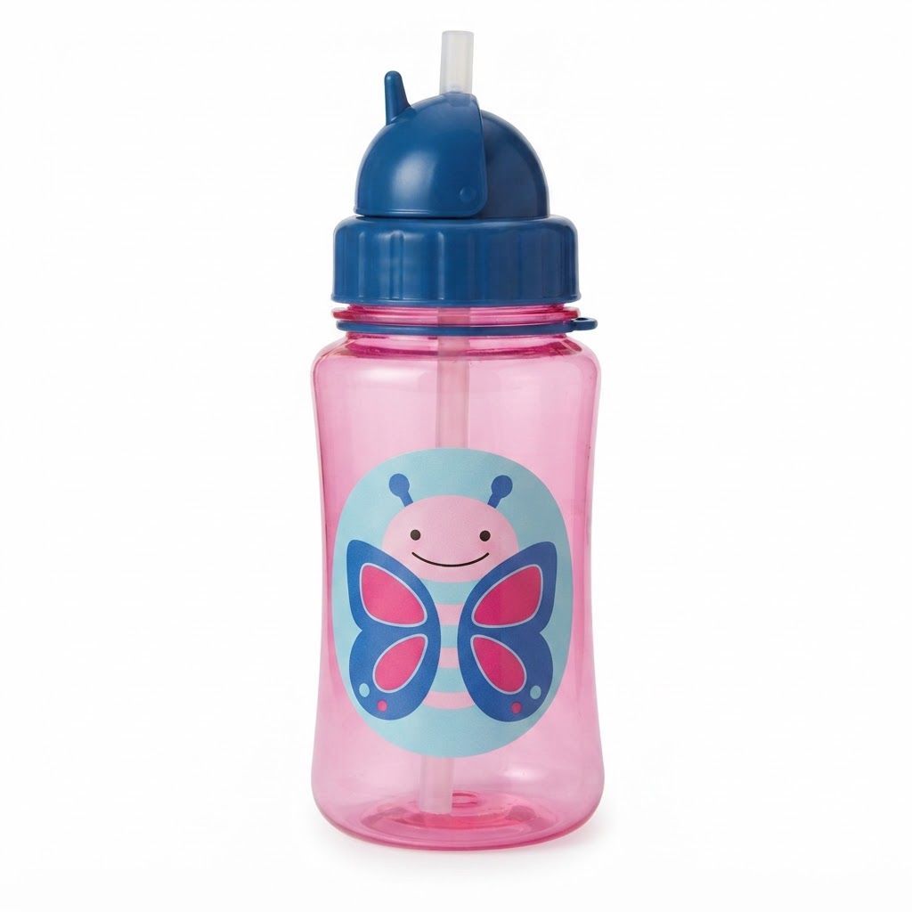 Skip Hop Zoo Cat Tritan Renew Straw Bottle 355ml, Straw Flips Down To Seal Closed And Stay Clean, Handy Grab Strap, Dishwasher Safe - Multicolour
