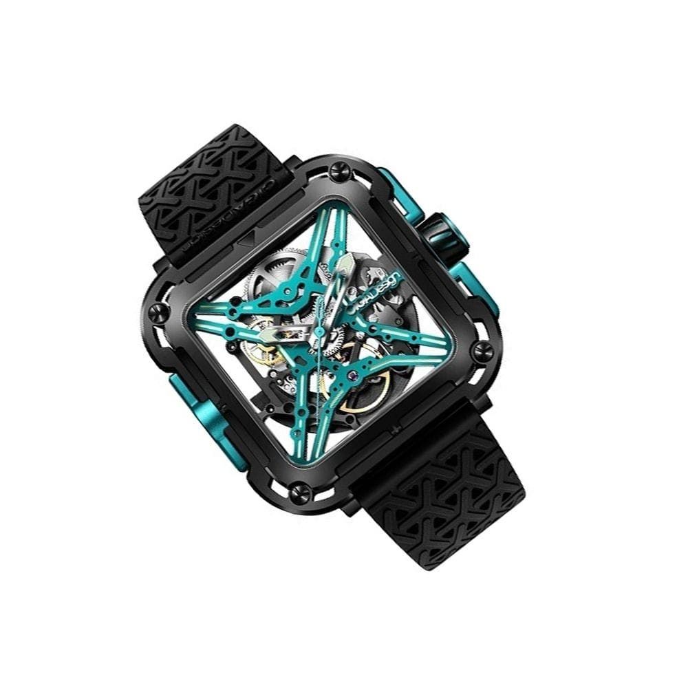 CIGA Design X Series Gorilla Skeleton Automatic Watch, Square Stainless Steel Case, Transparent Skeleton Dial, Sapphire Crystal, Silicone Strap, 30M Water Resistant