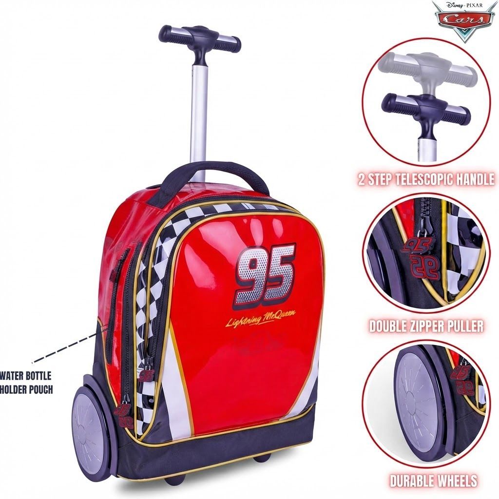 TRUCARE Disney Cars 3-in-1 Kids Trolley School Bag Set - Premium Ergonomic Rolling Backpack,