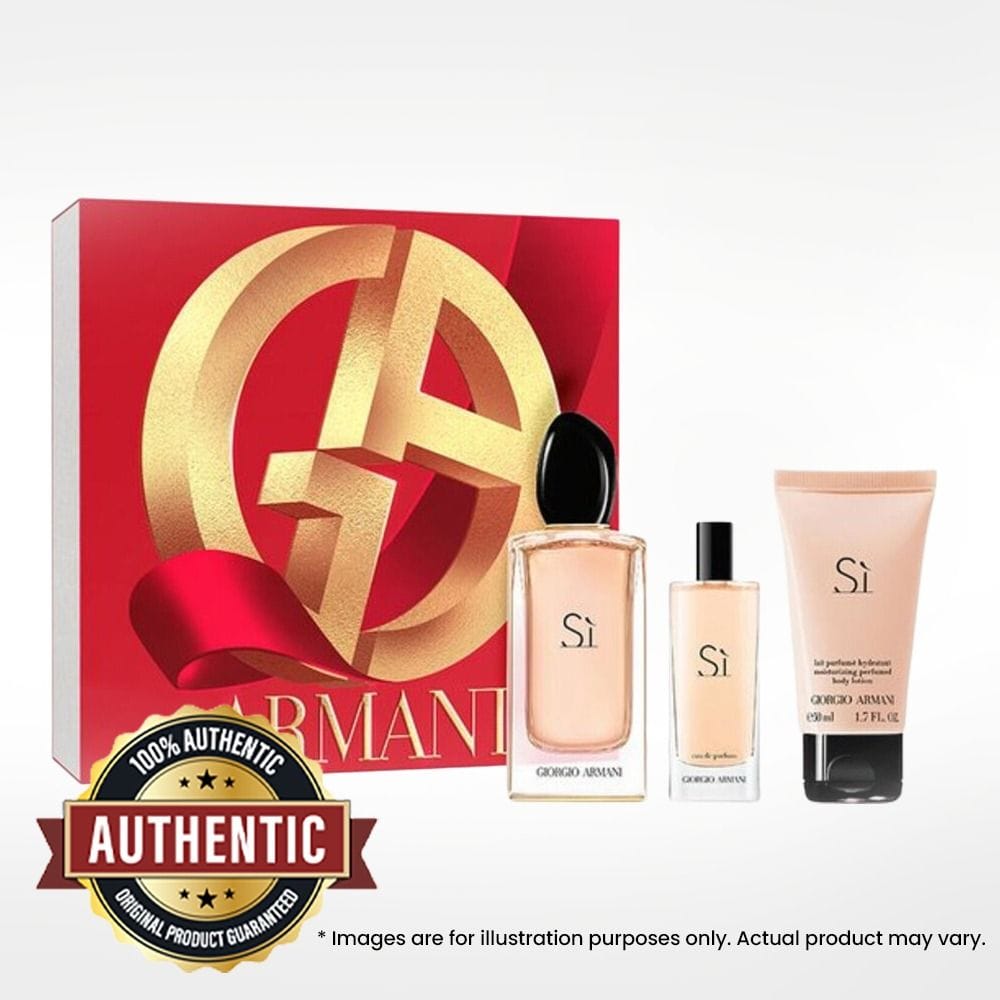 Giorgio Armani Sì Eau de Parfum for Women Gift Set, Elegant Floral Chypre Fragrance with Blackcurrant, Rose, Vanilla & Woody Notes - 100ml + 15ml Mini Spray + 50ml Body Lotion