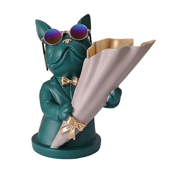 Luxury Signature French Bulldog Vase, Green Resin Flower Holder with Bowtie & Sunglasses Design, Decorative Tabletop Home Decor Accent