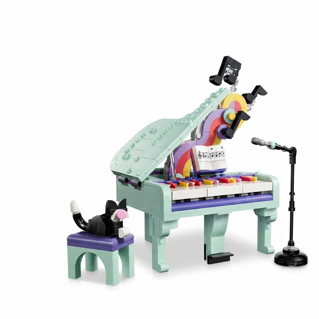 مجموعة بناء LEGO Creator 3in1 Music Decor Piano with Cat، لعبة آلة موسيقية إبداعية للأطفال من عمر 9 سنوات فما فوق، 3 في 1 (بيانو، مسجل صوتي، مشغل أسطوانات)