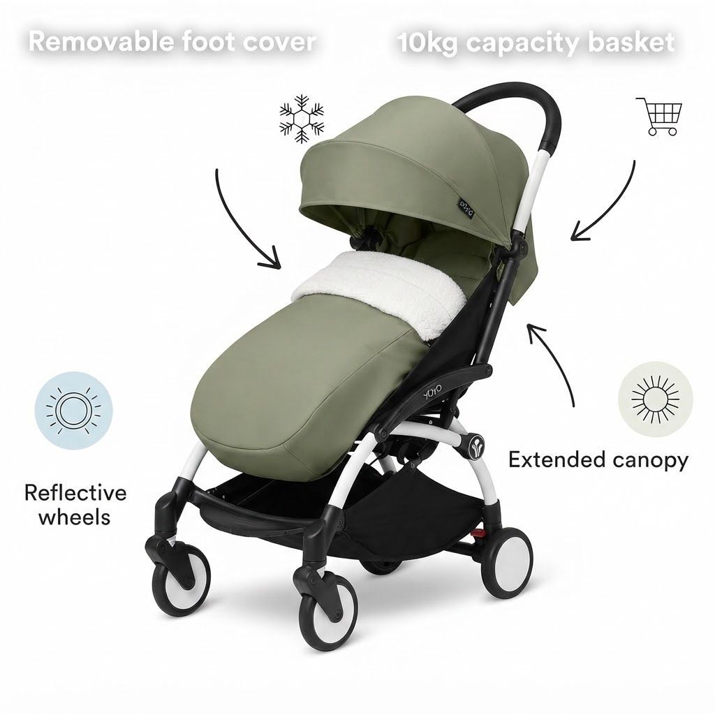 Stokke YOYO3 Newborn Stroller Pack & White Frame, Olive - Travel-Friendly Compact Pram for Infants, Premium System that Lets Your Newborn Lie Flat in a Secure, Cozy Nest