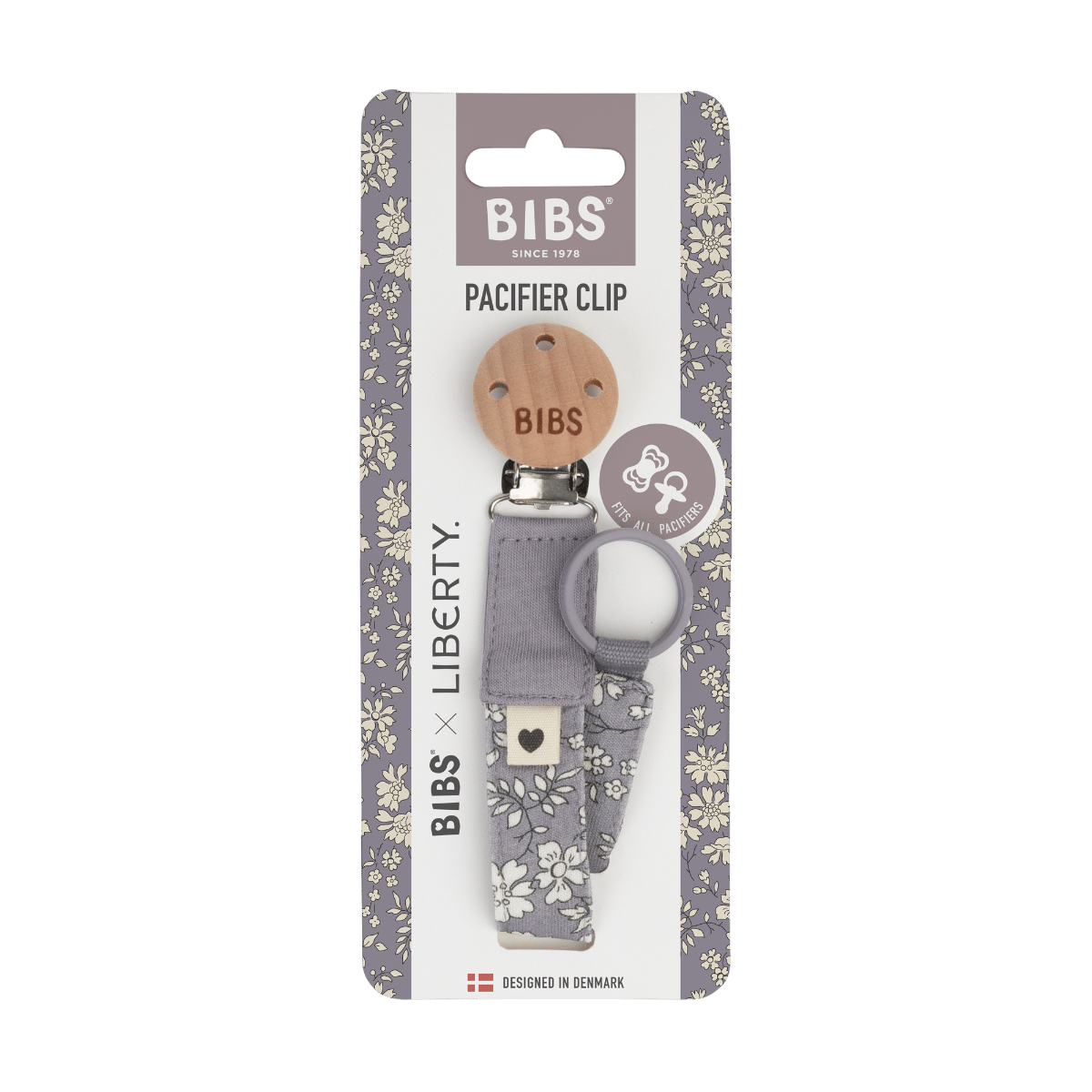 BIBS X Liberty Pacifier Clip, 100% Organic Cotton, Nickel-Free Metal Clips, Lightweight And Portable Design - Capel Fossil Gray
