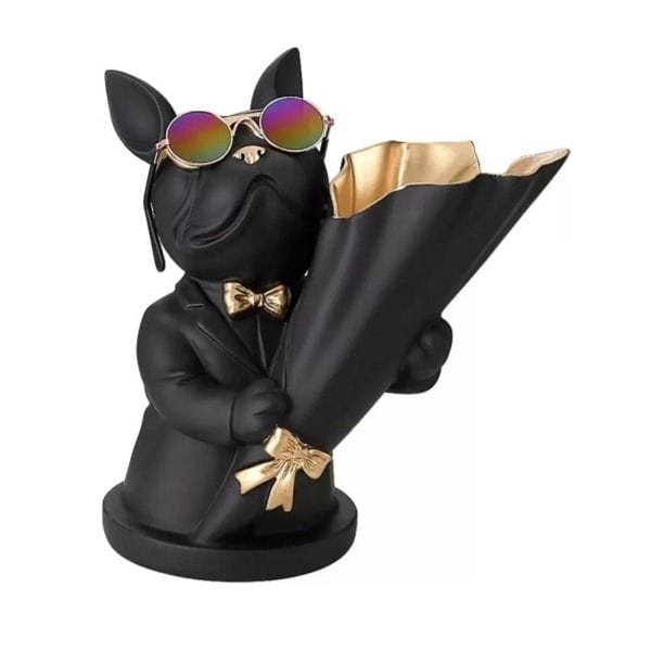 Luxury Signature French Bulldog Vase, Black Resin Flower Holder with Bowtie & Sunglasses Design, Decorative Tabletop Home 