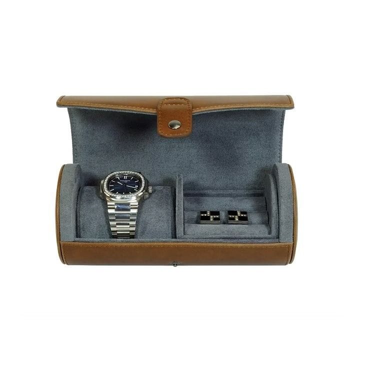 Luxury Signature Travel Watch Case with Button, Crazy Horse PU Leather Watch Travel Organizer, Removable Pillow & Cufflinks Storage, Grey Velvet Lining | Brown