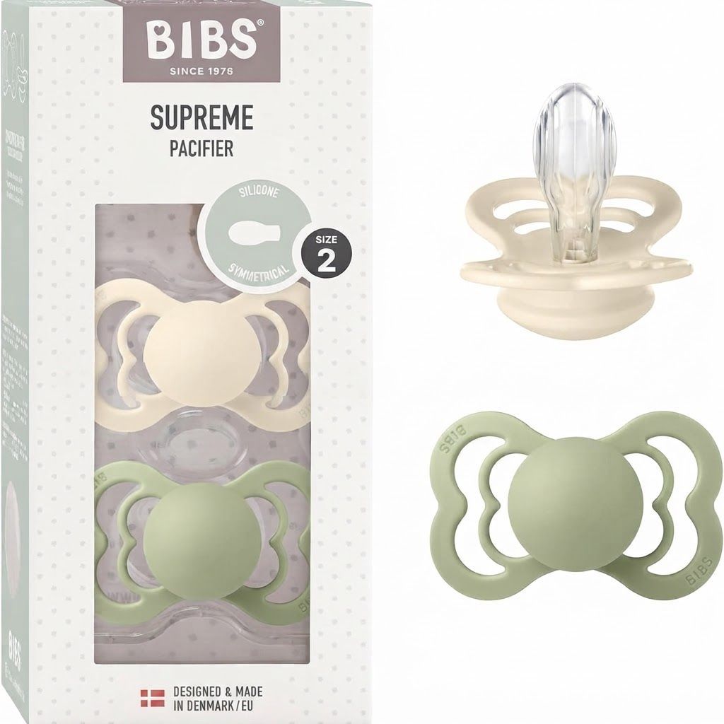BIBS Supreme Silicone Symmetrical Pacifier Size 2 6+ Months 2 Pack, Safe Food Grade Material, BPA-Free, Flexible And Durable Design - Ivory/Sage