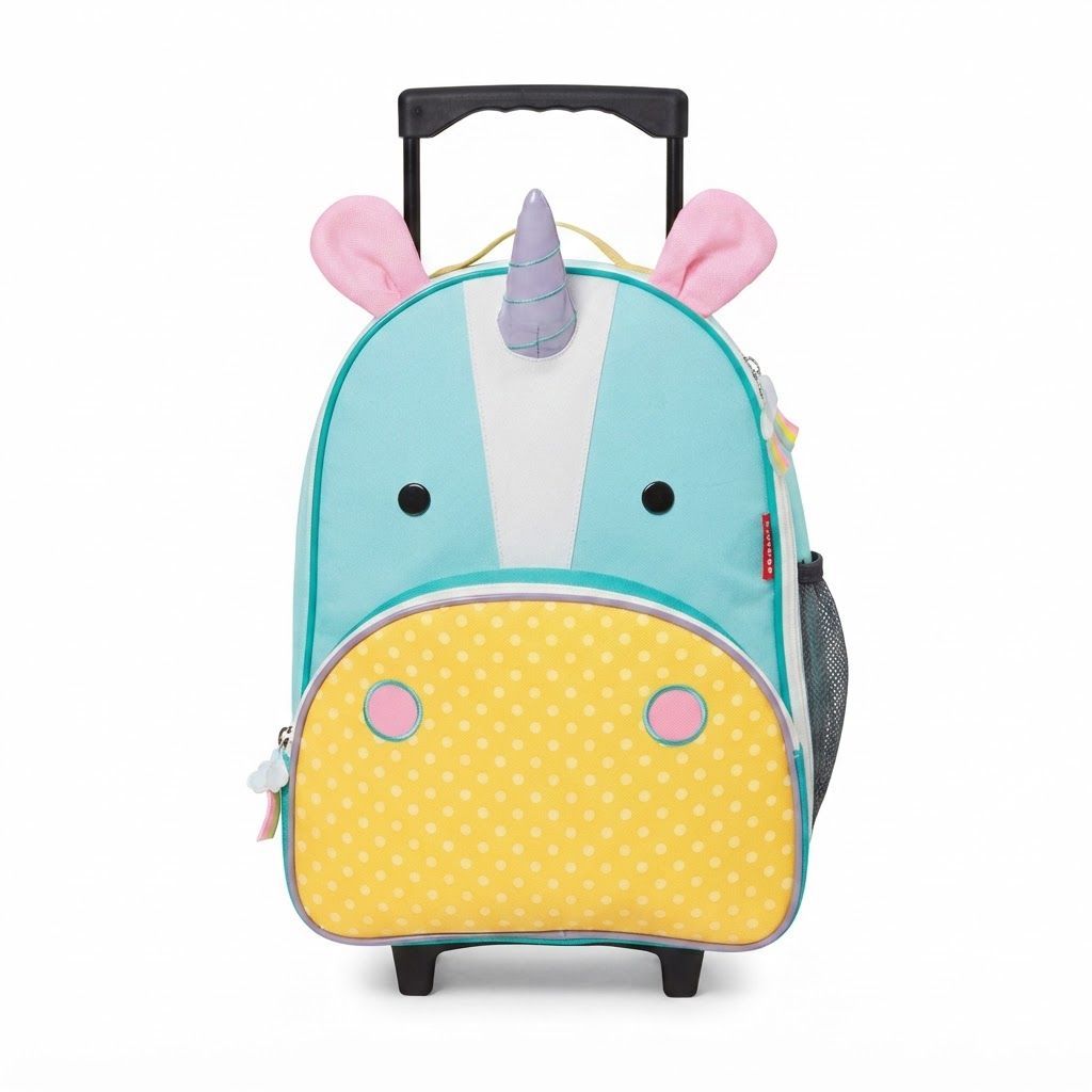 حقيبة سفر بعجلات للأطفال Skip Hop Zoo بتصميم اليونيكورن +3 سنوات، جيب شبكي مطاطي لزجاجة المياه، قماش بولي كانفاس متين، سحابات مرحة متناسقة - متعدد الألوان