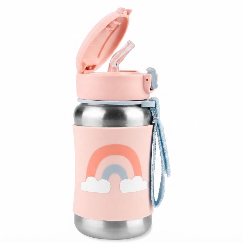 Skip Hop Rainbow Spark Style Stainless Steel Kids Straw Bottle 12+ Months 350ml, Comfortable No Slip Silicone Grip, Flexible Straw Flips - Multicolour