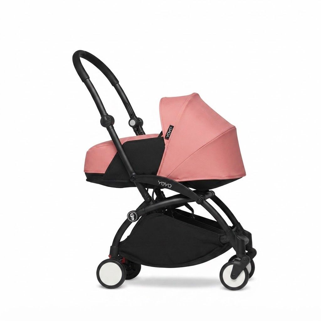 Stokke YOYO3 Newborn Stroller Pack 0+ with White Frame, Mattress & Canopy, Aqua - Ultra-Compact Travel System Allowing Newborns to Lie Completely Flat and Secure