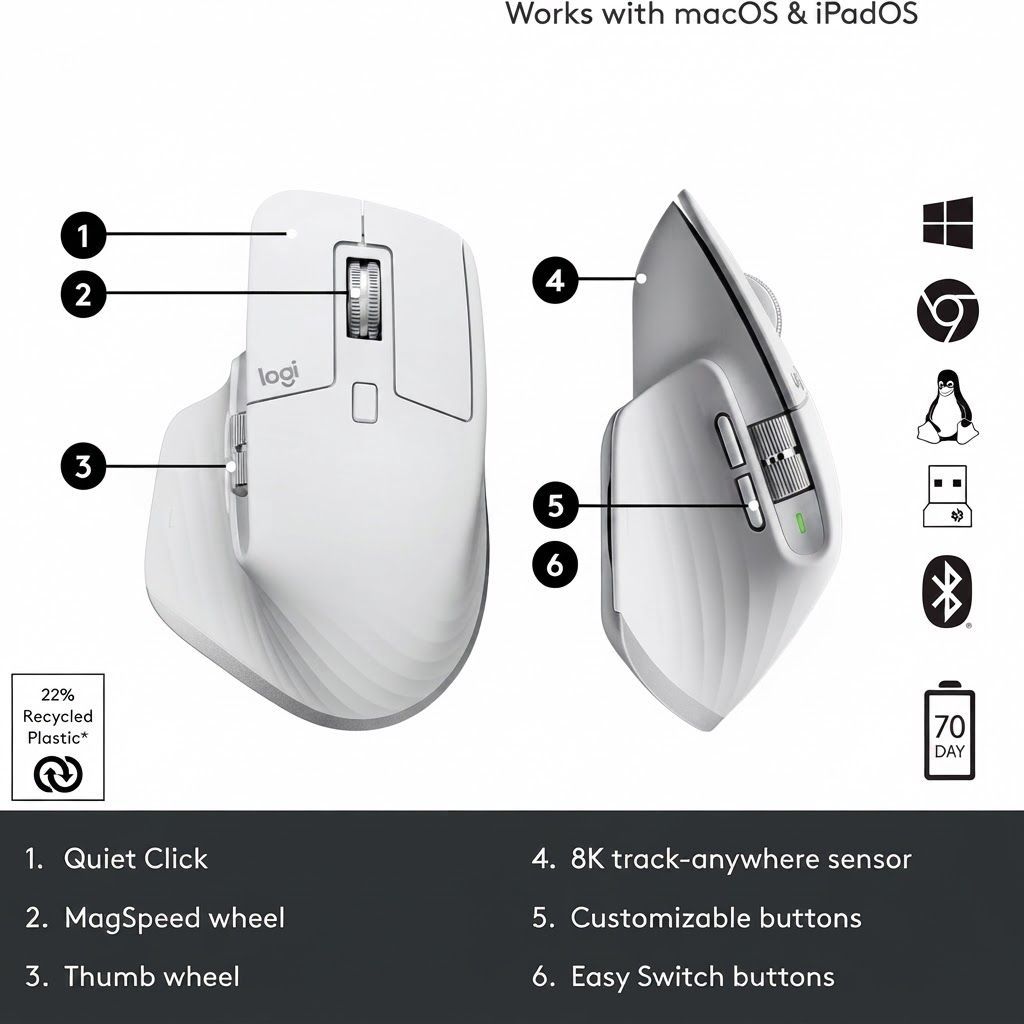 Logitech MX Master 3S Wireless Performance Mouse, 8K DPI Track on Glass, Quiet Clicks, MagSpeedPale Grey