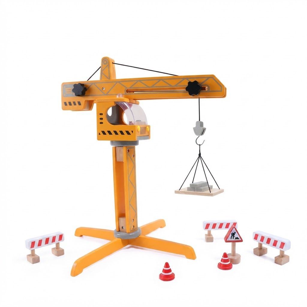 Hape Wooden Crane Lift Construction Toy - Large 360-Degree Rotating Crane with Working Hook, 3Y+