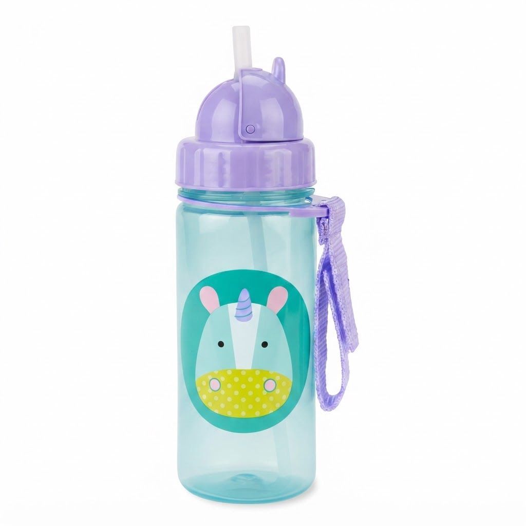 Skip Hop Zoo Unicorn Straw Bottle 12+ Months 390ml, Hygienic Flip-Down Straw, Fun Zoo Character Design, Dishwasher Safe - Multicolour