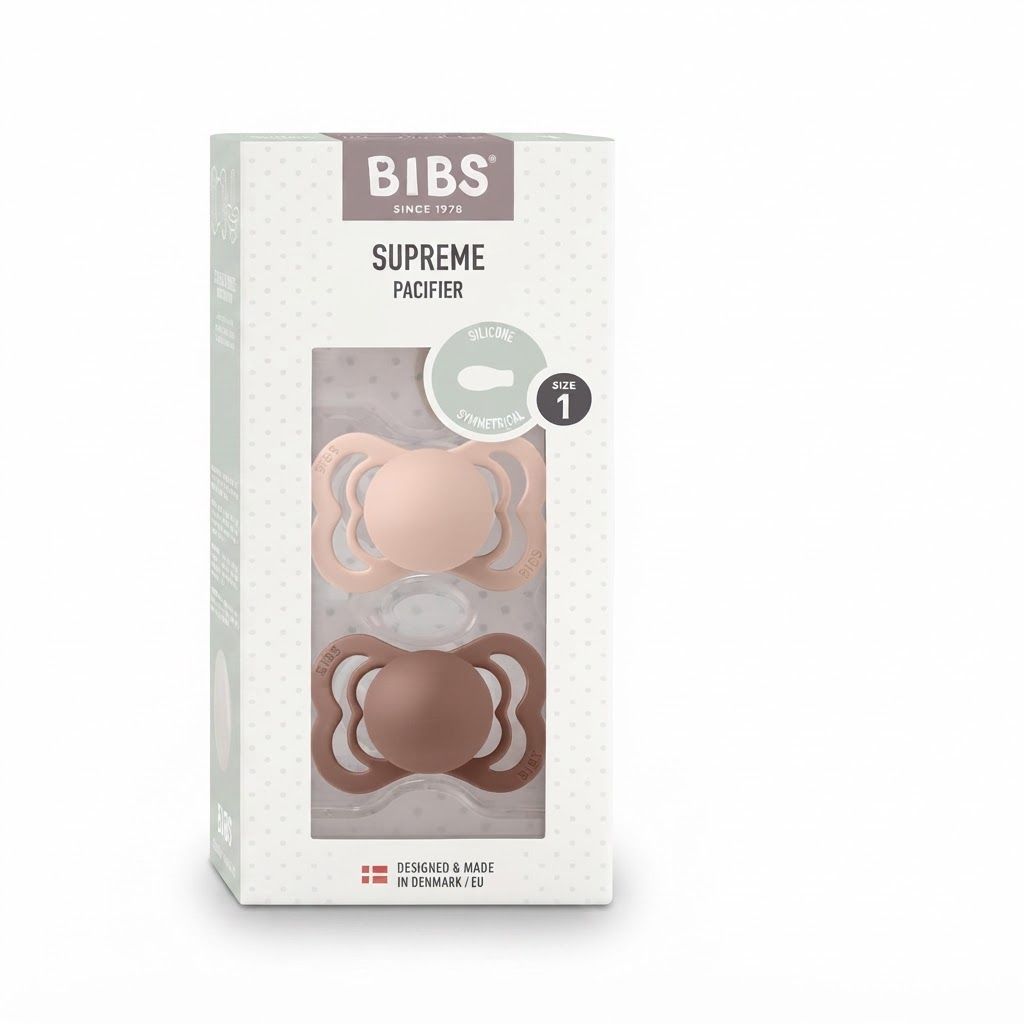 BIBS Supreme Pacifiers Size 1 0+ Months 2 Pack, Natural Rubber Latex Nipple, Generous Ventilation Openings - Woodchuck/Blush