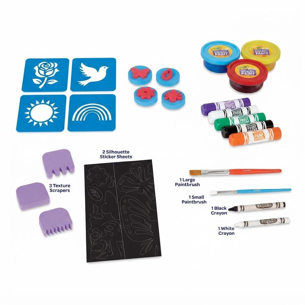 Crayola Less Mess Painting Activity Kit, 46-Piece All-in-One Art Set with Washable Paint Sticks – 4 years and up, 5 Paint Sticks, 3 Spill-Proof Paints, 1 Black Crayon, 1 White Crayon, 2 Brushes, 4