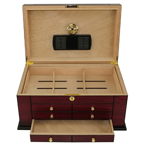 Luxury Signature Wooden Cigar Box, Spanish Cedar Humidor with Humidifier & Hygrometer, Cherry Matte Finish