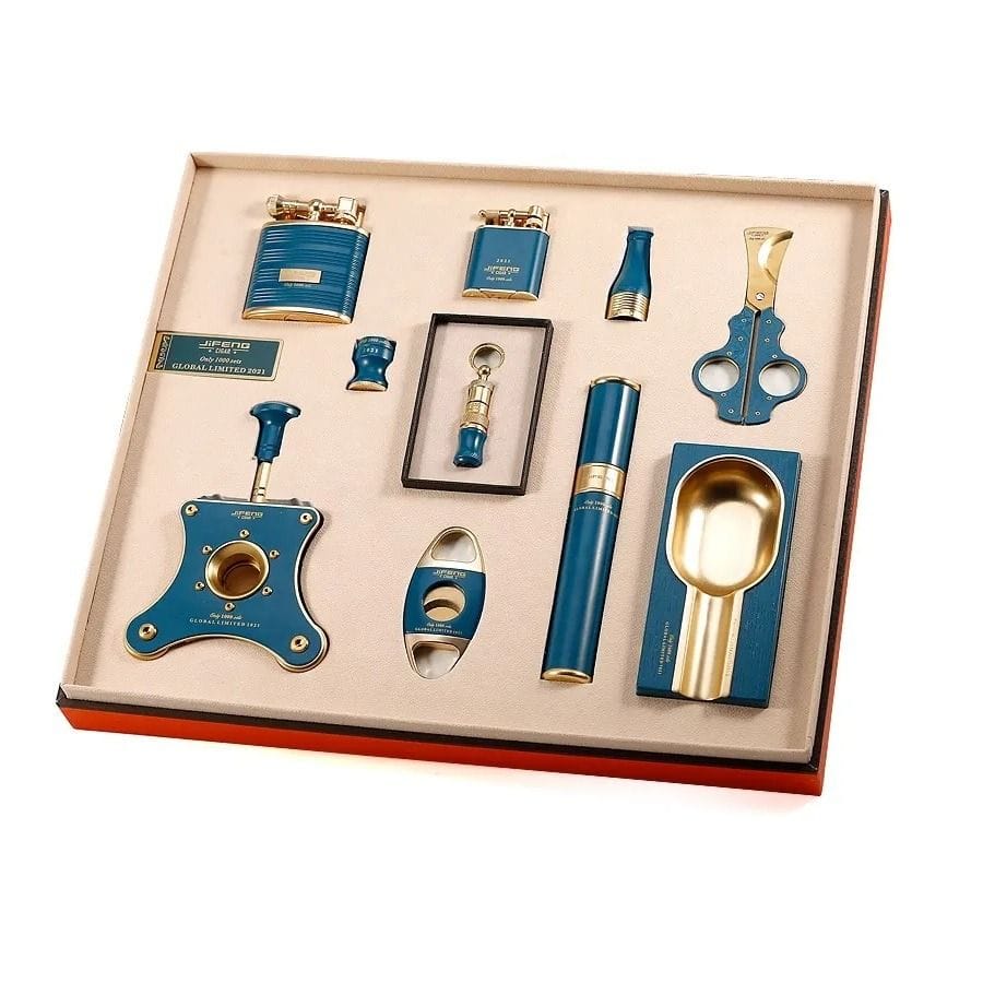 Luxury Signature Dahnag Cigar Accessories Gift Set, Premium Metal Cigar Tool Collection, Elegant Storage Case - Blue 