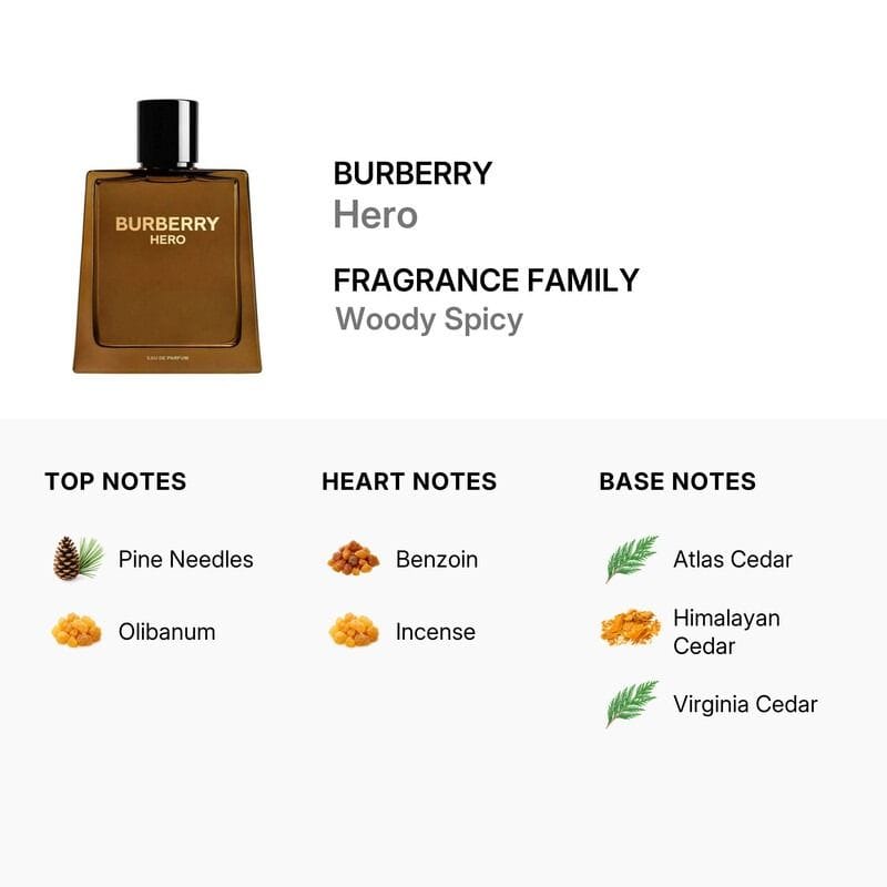 Burberry Hero Eau de Parfum for Men, Woody Spicy Fragrance with Notes of Pine Needles, Benzoin, Incense, and Cedarwood, Long Lasting Scent, 100ml Bottle, 3614228838016
