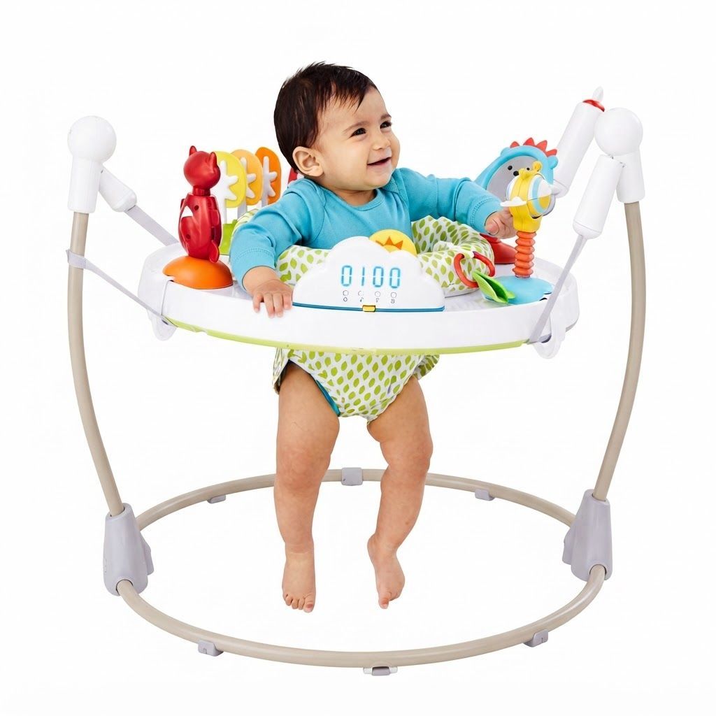 Skip Hop Explore And More Jumpscape Fold Away Jumper 4+ Monthss, 360° Rotating Seat For Active Movement, Light-Up Cloud Bounce Counter With Sounds -  Multicolour